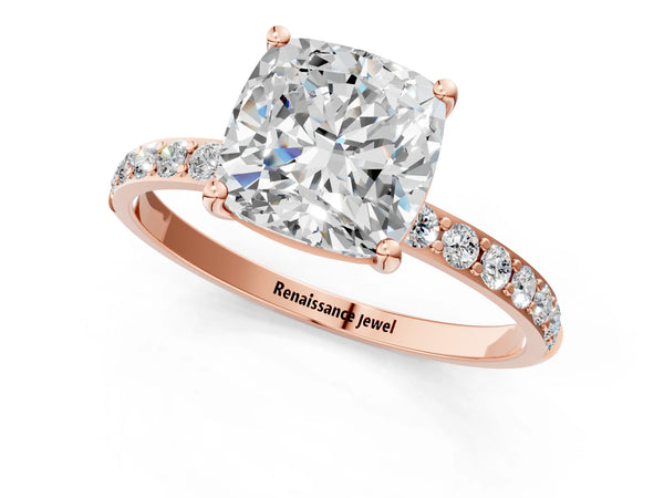 Rose gold Cushion Cut Diamond Pavé Band Solitaire Ring with Four-Prong Setting_103