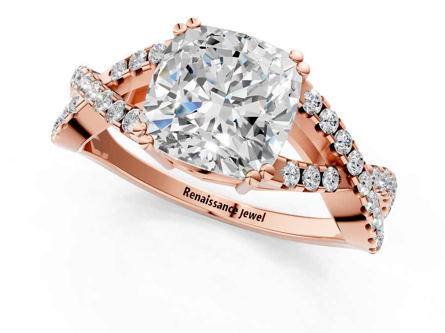 Rose gold Cushion Solitaire Twist Band with Pavé Setting and Four-Prong Setting