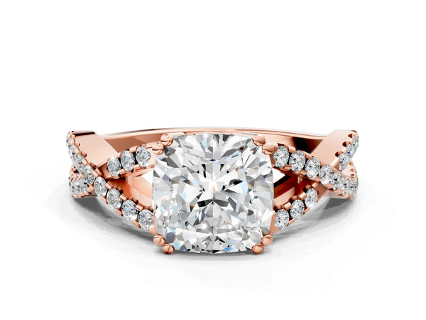 Rose gold Cushion Solitaire Twist Band with Pavé Setting and Four-Prong Setting_12