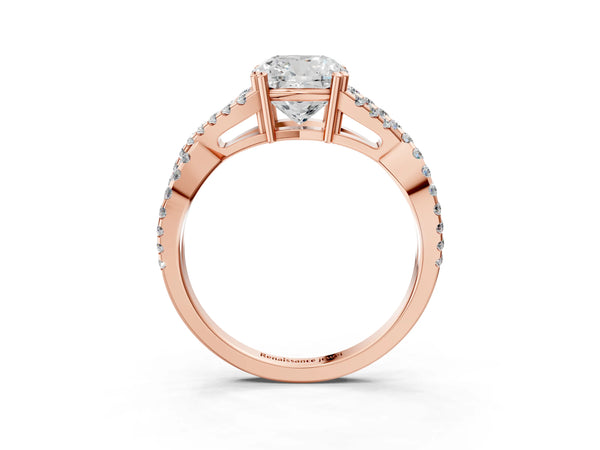 Rose gold Cushion Solitaire Twist Band with Pavé Setting and Four-Prong Setting_15