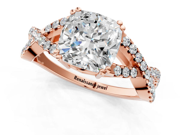 Rose gold Cushion Solitaire Twist Band with Pavé Setting and Four-Prong Setting_37