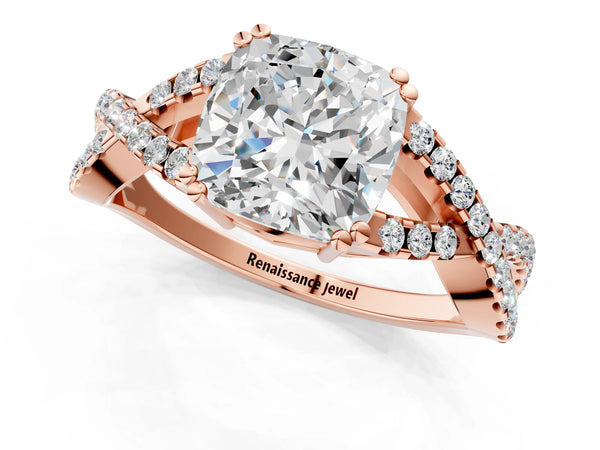 Rose gold Cushion Solitaire Twist Band with Pavé Setting and Four-Prong Setting_79
