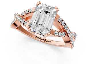 Rose gold Emerald Solitaire Twist Band with Pavé Setting and Four-Prong Setting_25