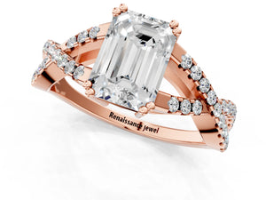 Rose gold Emerald Solitaire Twist Band with Pavé Setting and Four-Prong Setting_73