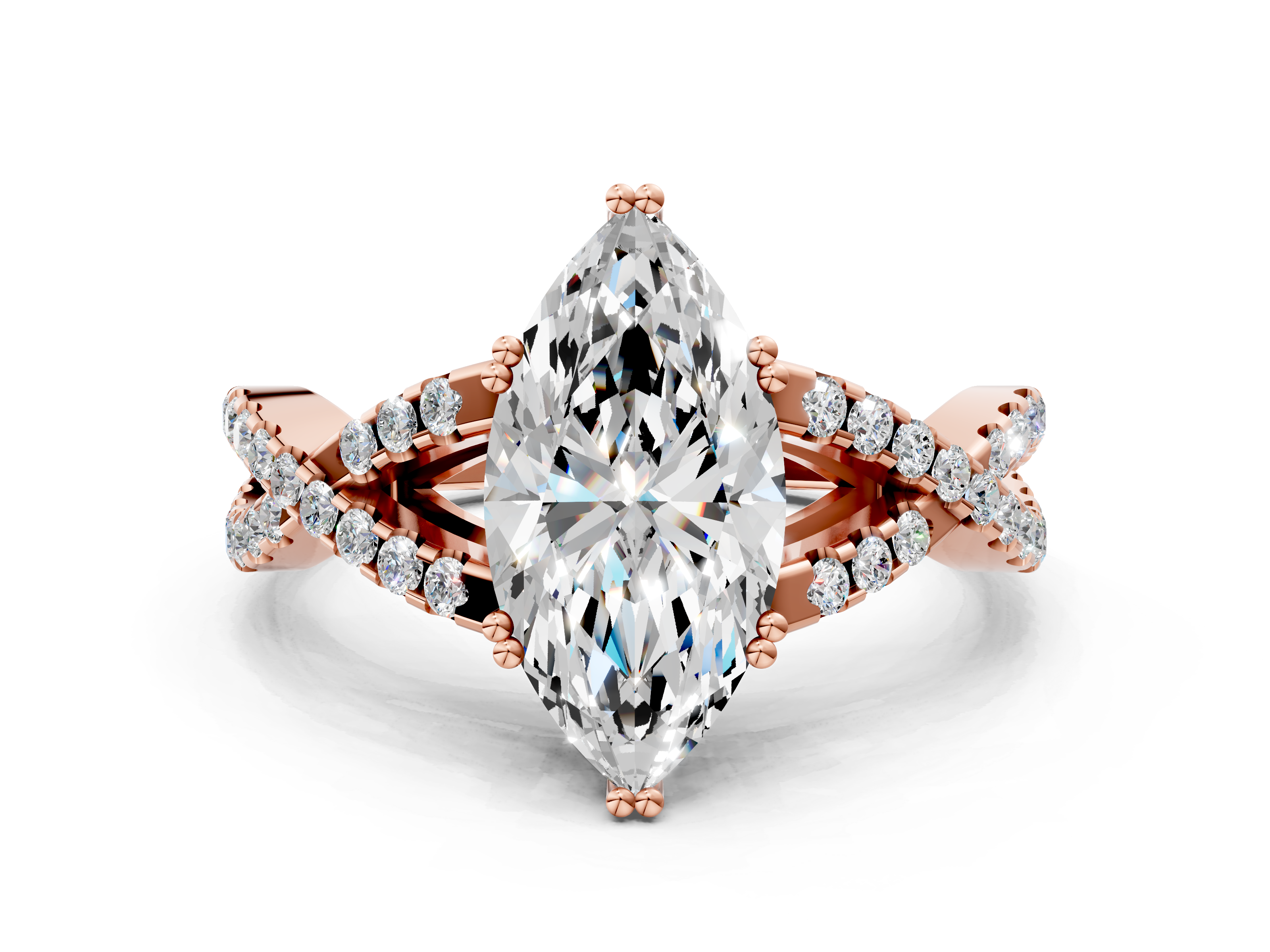 Rose gold Marquise Solitaire Twist Band with Pavé Setting and Four-Prong Setting