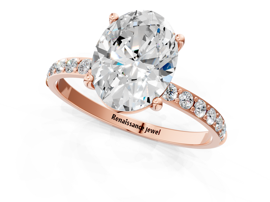 Rose gold Oval Cut Diamond Pavé Band Solitaire Ring with Four-Prong Setting