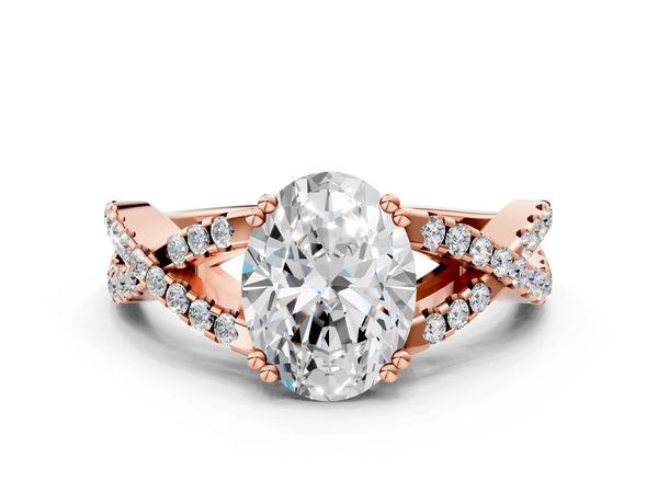 Rose gold Oval Solitaire Twist Band with Pavé Setting and Four-Prong Setting_12