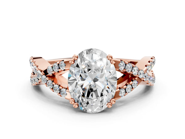 Rose gold Oval Solitaire Twist Band with Pavé Setting and Four-Prong Setting_36