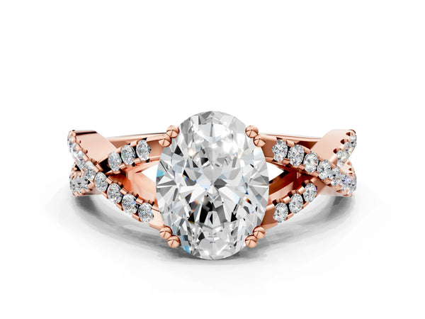 Rose gold Oval Solitaire Twist Band with Pavé Setting and Four-Prong Setting_54