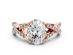 Rose gold Oval Solitaire Twist Band with Pavé Setting and Four-Prong Setting_84