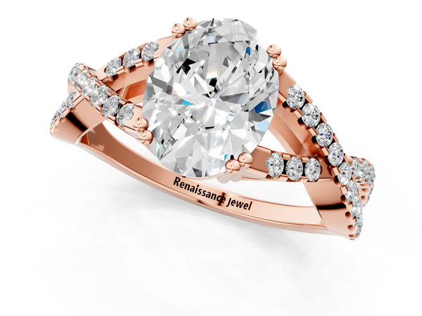 Rose gold Oval Solitaire Twist Band with Pavé Setting and Four-Prong Setting_85
