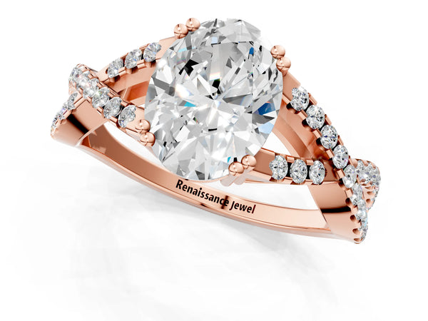 Rose gold Oval Solitaire Twist Band with Pavé Setting and Four-Prong Setting_91