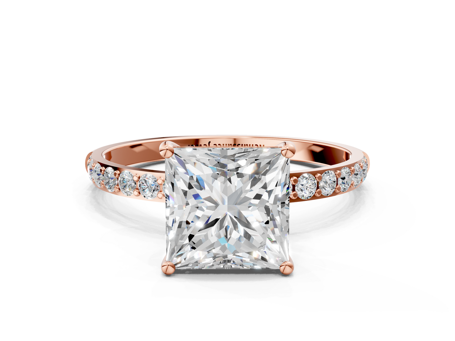 Rose gold Princess Cut Diamond Pavé Band Solitaire Ring with Four-Prong Setting