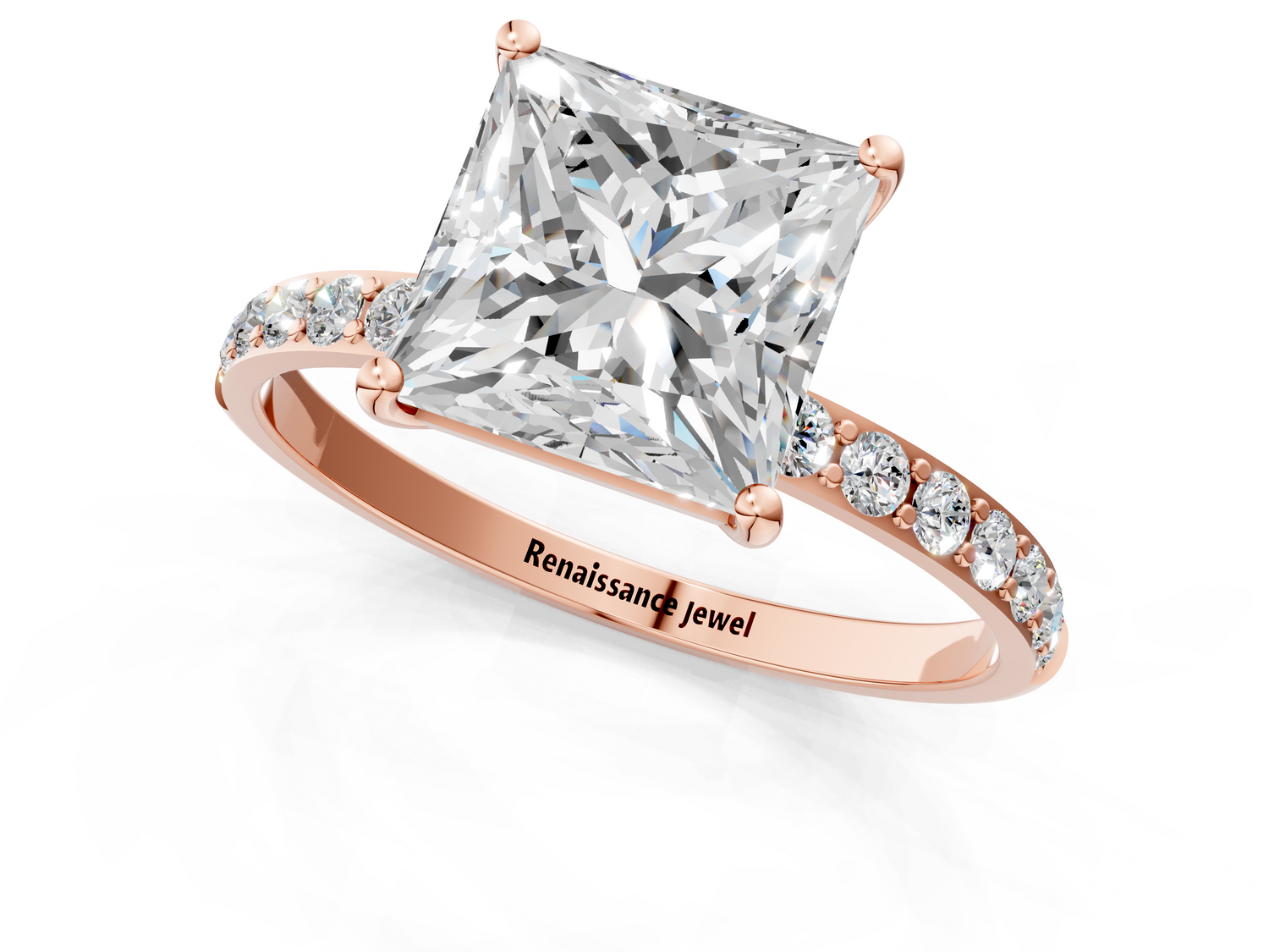 Rose gold Princess Cut Diamond Pavé Band Solitaire Ring with Four-Prong Setting_1