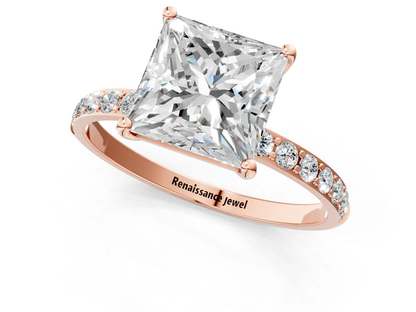 Rose gold Princess Cut Diamond Pavé Band Solitaire Ring with Four-Prong Setting_25