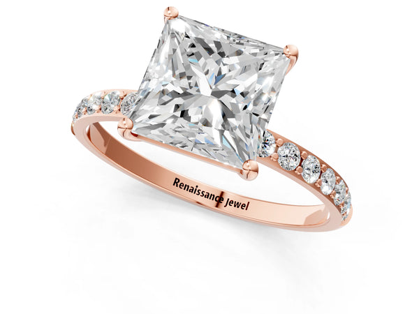 Rose gold Princess Cut Diamond Pavé Band Solitaire Ring with Four-Prong Setting_85
