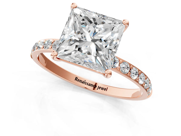 Rose gold Princess Cut Diamond Pavé Band Solitaire Ring with Four-Prong Setting_97
