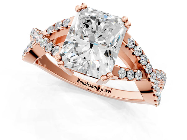 Rose gold Radiant Solitaire Twist Band with Pavé Setting and Four-Prong Setting_25