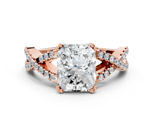 Rose gold Radiant Solitaire Twist Band with Pavé Setting and Four-Prong Setting