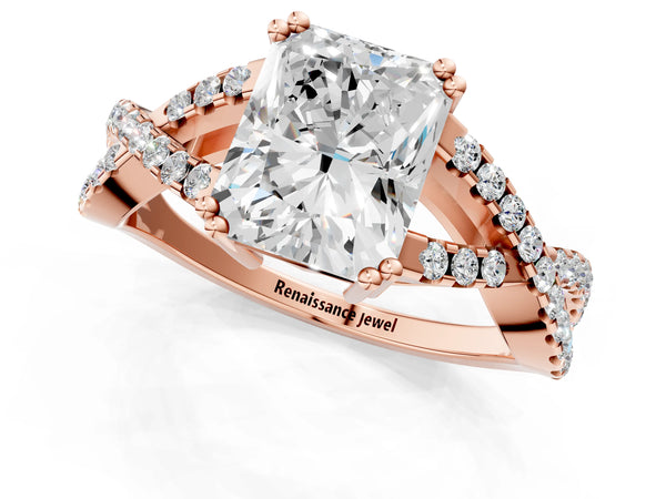 Rose gold Radiant Solitaire Twist Band with Pavé Setting and Four-Prong Setting_55