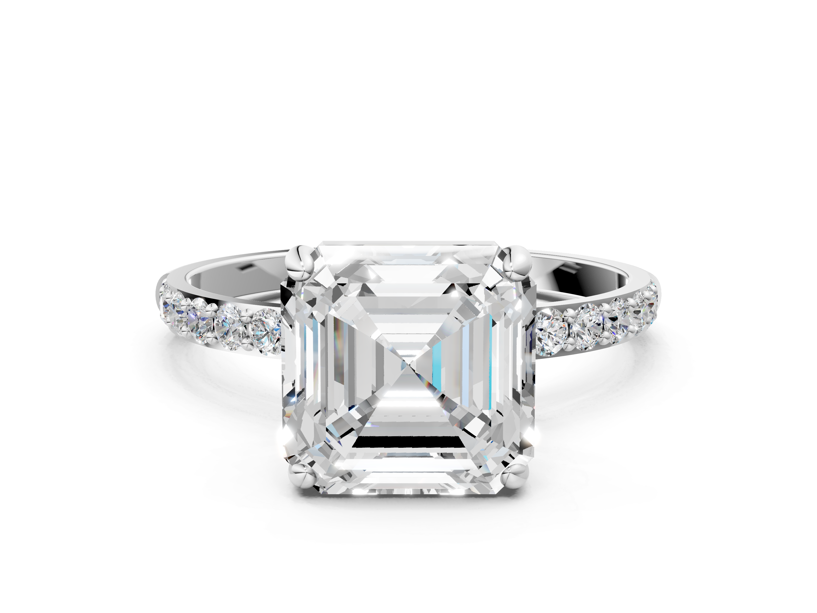 Platinum Asscher Cut Diamond Pavé Band Solitaire Ring with Four-Prong Setting