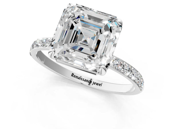 White gold Asscher Cut Diamond Pavé Band Solitaire Ring with Four-Prong Setting_103
