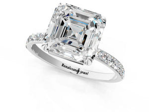 White gold Asscher Cut Diamond Pavé Band Solitaire Ring with Four-Prong Setting_115