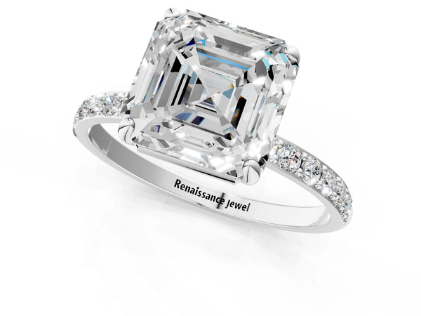 White gold Asscher Cut Diamond Pavé Band Solitaire Ring with Four-Prong Setting_115