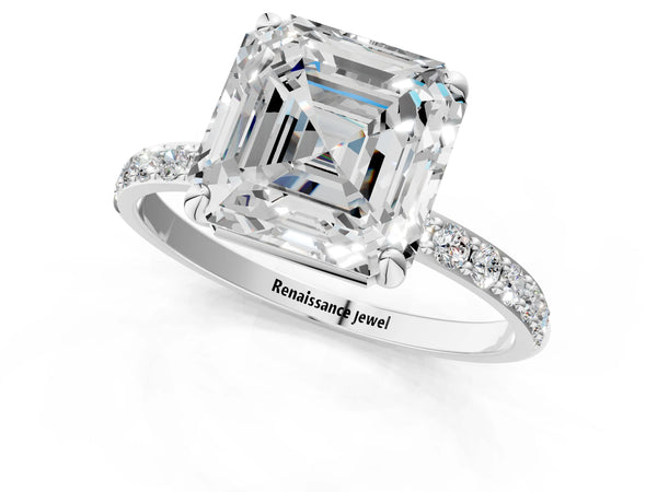 White gold Asscher Cut Diamond Pavé Band Solitaire Ring with Four-Prong Setting_43