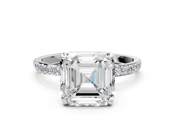 White gold Asscher Cut Diamond Pavé Band Solitaire Ring with Four-Prong Setting