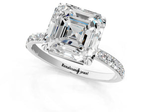 White gold Asscher Cut Diamond Pavé Band Solitaire Ring with Four-Prong Setting_61