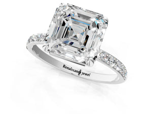 White gold Asscher Cut Diamond Pavé Band Solitaire Ring with Four-Prong Setting_67