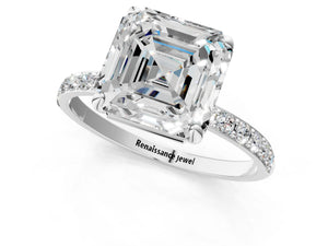 White gold Asscher Cut Diamond Pavé Band Solitaire Ring with Four-Prong Setting_79