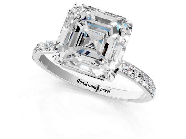 White gold Asscher Cut Diamond Pavé Band Solitaire Ring with Four-Prong Setting_85