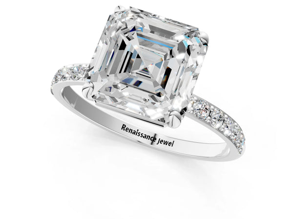 White gold Asscher Cut Diamond Pavé Band Solitaire Ring with Four-Prong Setting_93