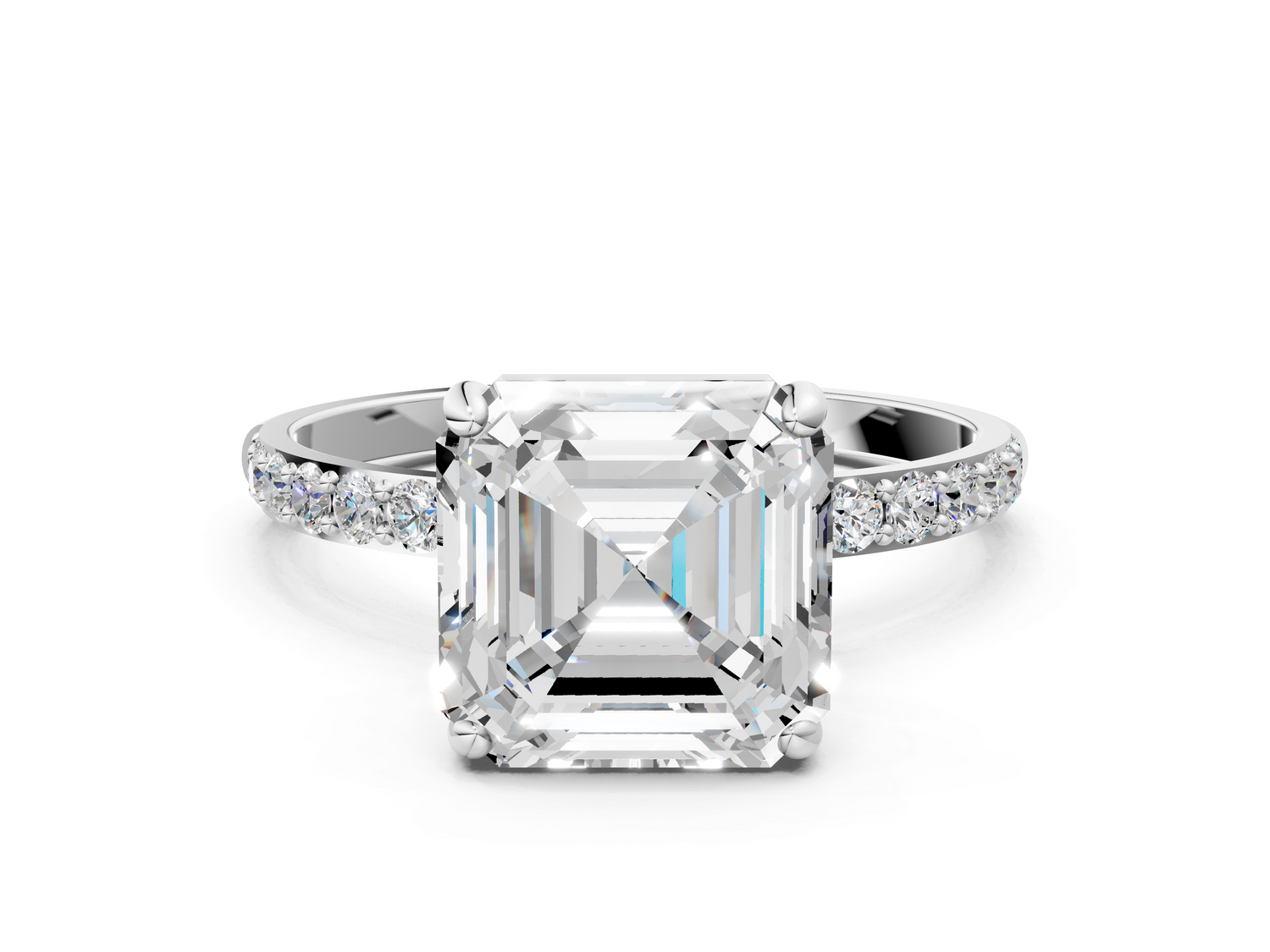 White gold Asscher Cut Diamond Pavé Band Solitaire Ring with Four-Prong Setting