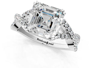 White gold Asscher Solitaire Twist Band with Pavé Setting and Four-Prong Setting_13