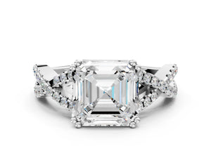 White gold Asscher Solitaire Twist Band with Pavé Setting and Four-Prong Setting_18