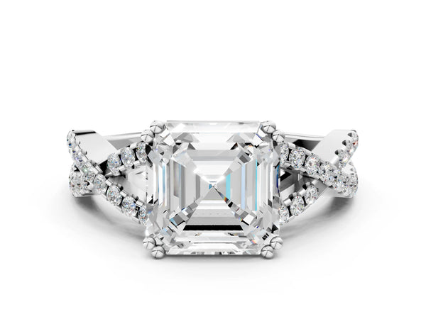 White gold Asscher Solitaire Twist Band with Pavé Setting and Four-Prong Setting_18