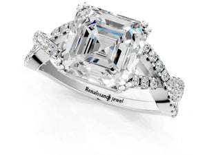 White gold Asscher Solitaire Twist Band with Pavé Setting and Four-Prong Setting_19