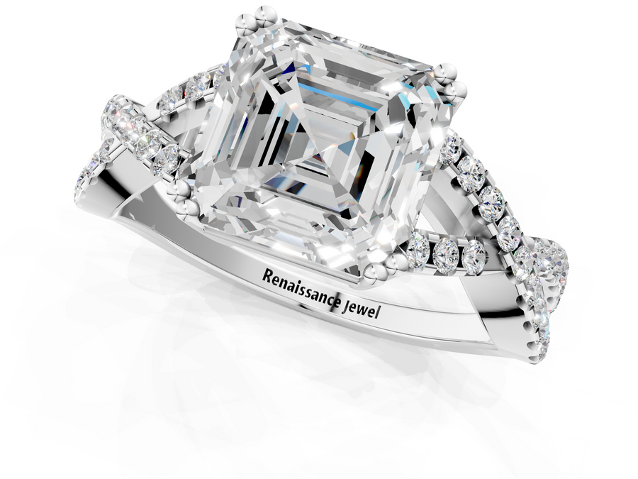 Silver Asscher Solitaire Twist Band with Pavé Setting and Four-Prong Setting