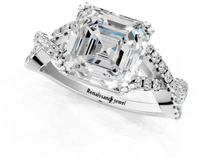 White gold Asscher Solitaire Twist Band with Pavé Setting and Four-Prong Setting_1