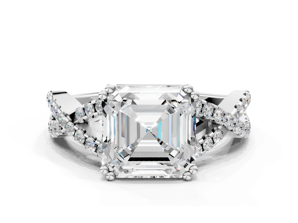 White gold Asscher Solitaire Twist Band with Pavé Setting and Four-Prong Setting