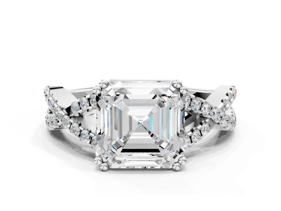 White gold Asscher Solitaire Twist Band with Pavé Setting and Four-Prong Setting