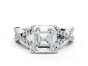 White gold Asscher Solitaire Twist Band with Pavé Setting and Four-Prong Setting