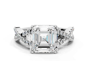 White gold Asscher Solitaire Twist Band with Pavé Setting and Four-Prong Setting_24