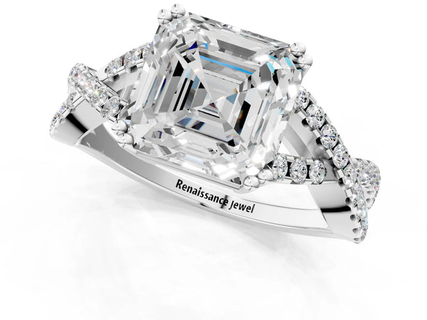 White gold Asscher Solitaire Twist Band with Pavé Setting and Four-Prong Setting_25