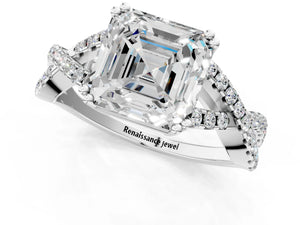 White gold Asscher Solitaire Twist Band with Pavé Setting and Four-Prong Setting_37