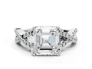 White gold Asscher Solitaire Twist Band with Pavé Setting and Four-Prong Setting_60