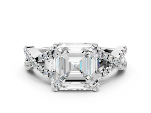 White gold Asscher Solitaire Twist Band with Pavé Setting and Four-Prong Setting_72